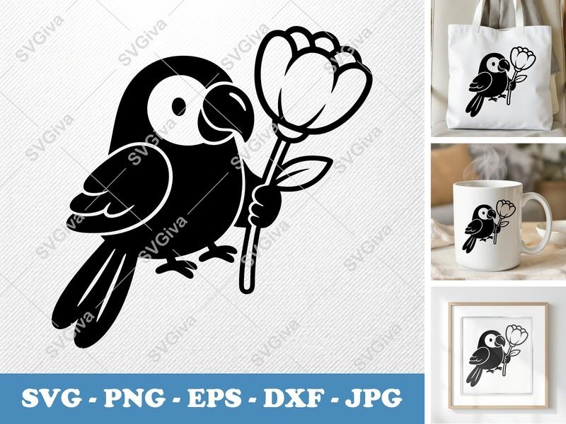 Parrot with Flower SVG | Puffy Inflatable Style | PNG DXF EPS | Cricut Silhouette Cut File