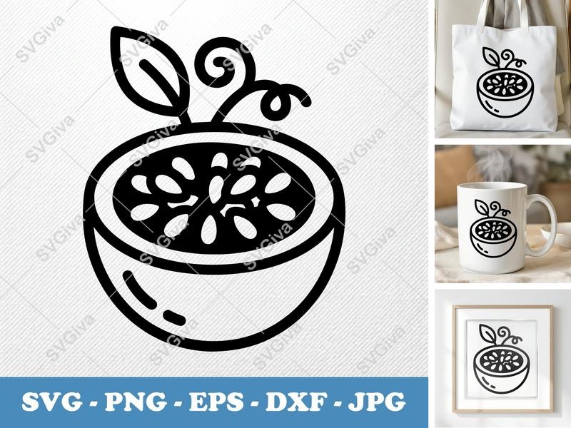 Passion Fruit SVG Cut in Half | Modern Outline Fruit Design | PNG EPS DXF for Cricut & Silhouette | Food Clip Art