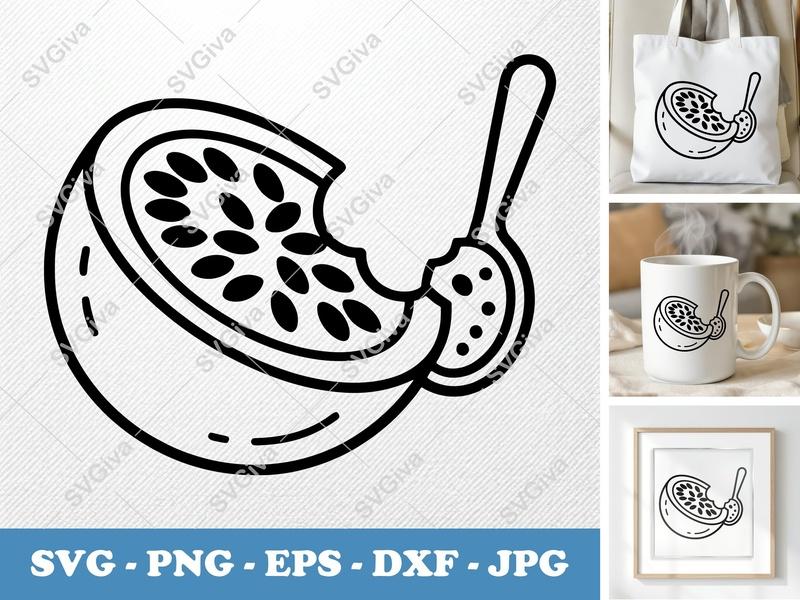 Passion Fruit SVG, Eaten Fruit with Spoon, Modern Outline Clipart PNG EPS DXF for Cricut Silhouette, Tropical Food Vector