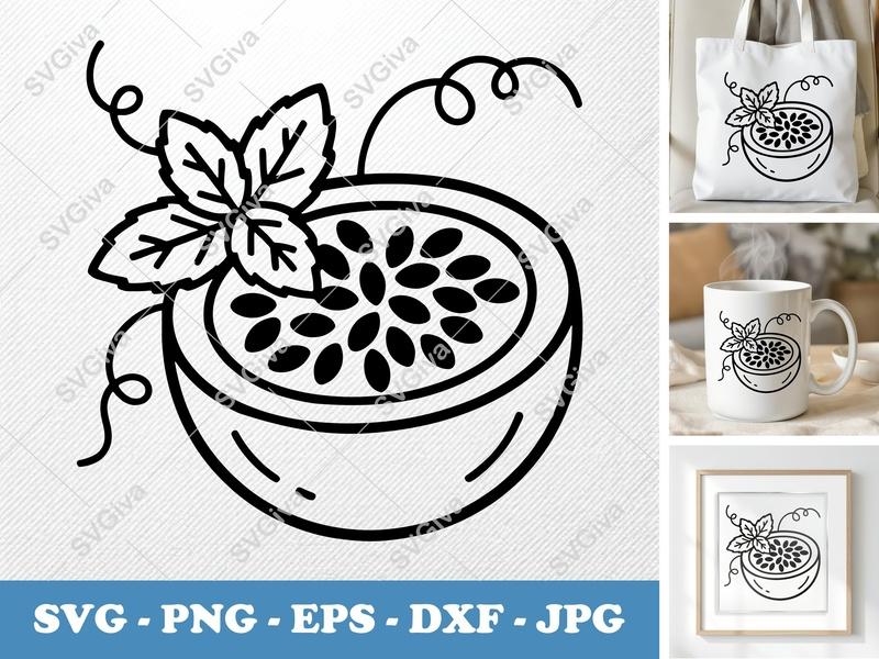 Passion Fruit SVG, Half Fruit Cut File with Seeds & Leaves | PNG EPS DXF for Cricut, Silhouette, Modern Food Clipart
