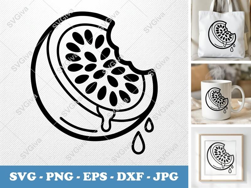 Passion Fruit SVG | Modern Bitten Fruit Juice Drip | PNG EPS DXF | Cricut Silhouette Cut File