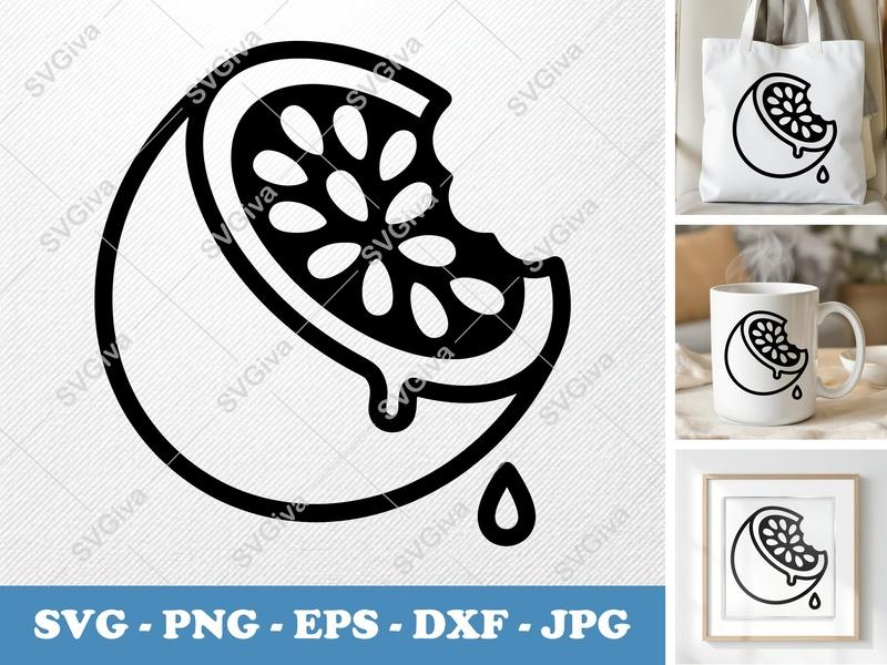 Passion Fruit SVG | Modern Cut Fruit Design, Juice Drip | PNG, EPS, DXF for Cricut, Silhouette