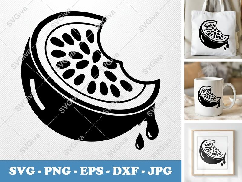 Passion Fruit SVG | Modern Fruit Slice with Seeds & Drips | PNG, EPS, DXF for Cricut, Silhouette | Food Clipart Vector