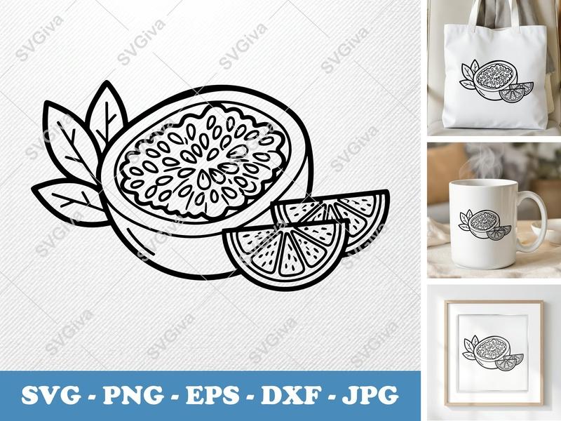 Passion Fruit SVG, Modern Half Fruit & Slices Cut File | PNG EPS DXF for Cricut, Silhouette | Tropical Fruit Clipart