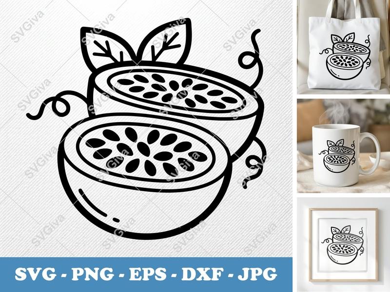 Passion Fruit SVG | Modern Halved Fruit with Seeds & Leaves | PNG EPS DXF for Cricut & Silhouette Cutting Machines