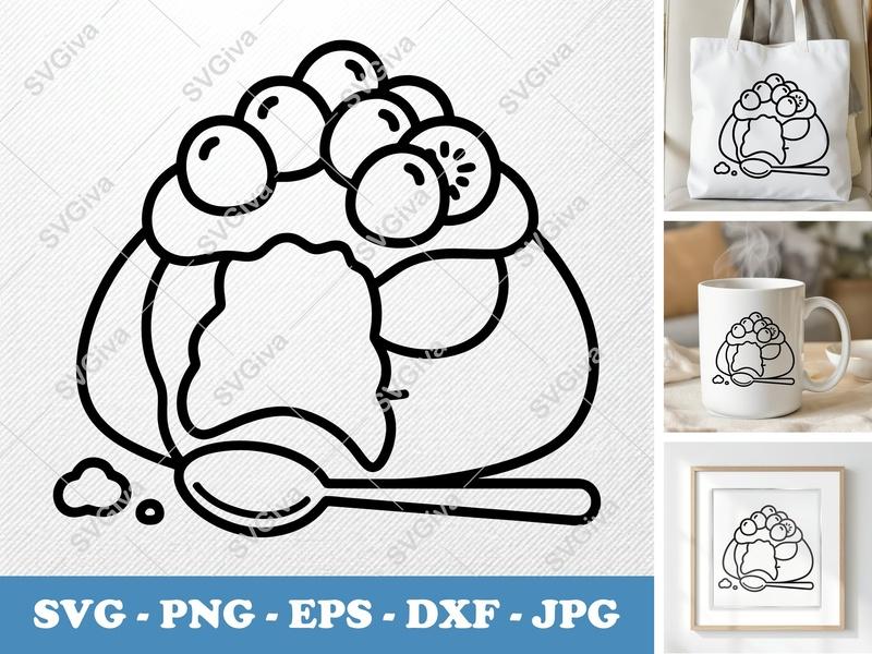 Pavlova SVG | Modern Clean Dessert with Berries & Kiwi | Spoon Outline | PNG EPS DXF | Cricut Silhouette File