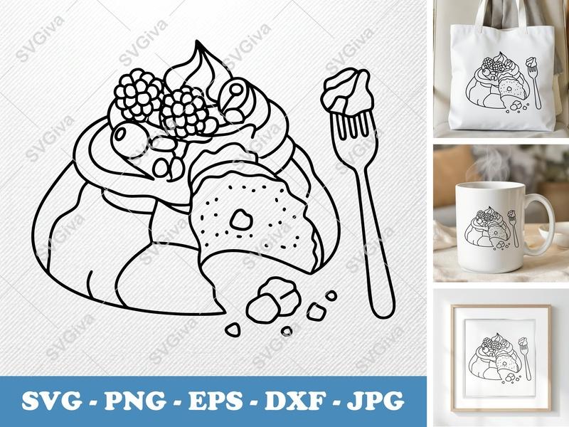 Pavlova SVG | Modern Dessert Cut File with Berries & Fork | PNG EPS DXF for Cricut Silhouette