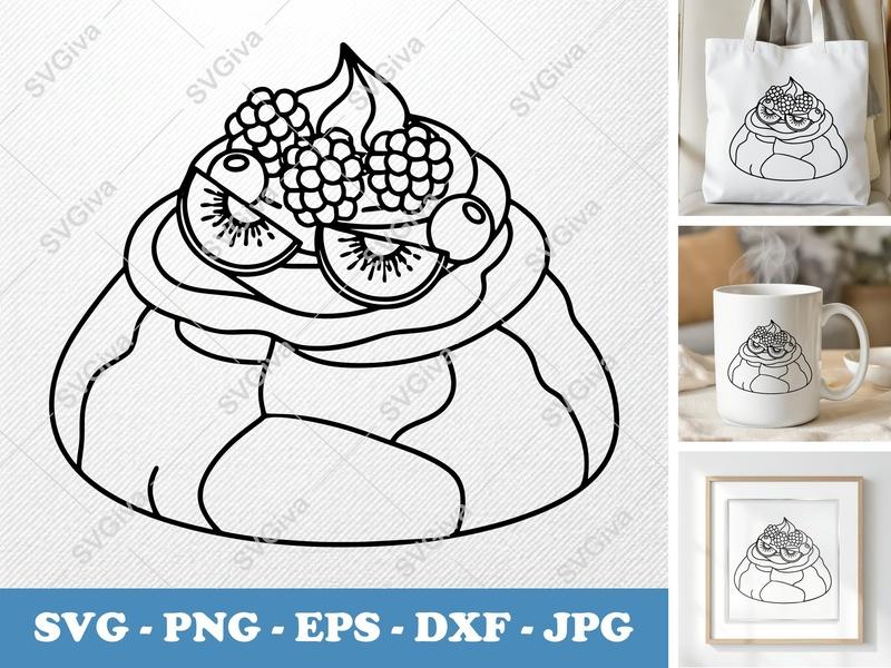 Pavlova SVG, Modern Dessert Cut File with Fruit & Cream | PNG EPS DXF for Cricut & Silhouette, Sweet Treat Vector