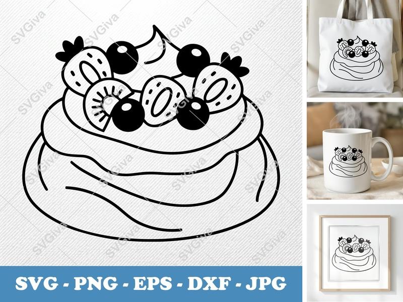 Pavlova SVG | Modern Dessert Outline with Berries & Kiwi | PNG EPS DXF | Cricut Silhouette Cut File