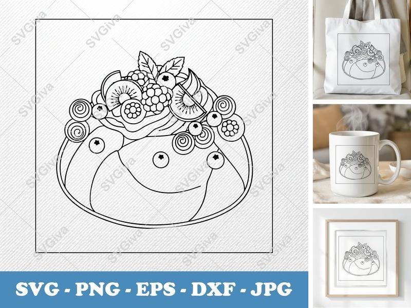 Pavlova with Garnish SVG | Outline Art Cut File | Thick Contour Thin Line Design | PNG DXF EPS | Cricut Silhouette | Dessert Food Vector Art