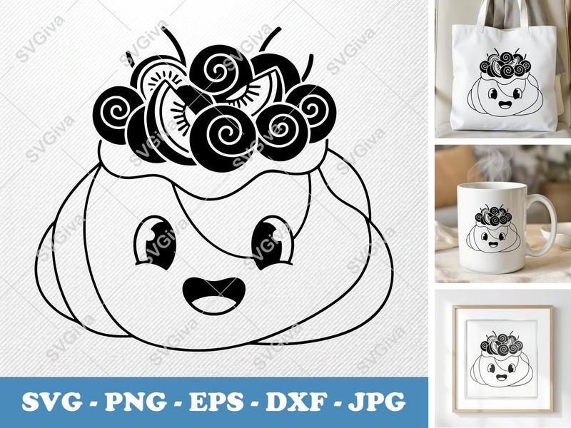 Pavlova with Smiling Face SVG | Soft Puffy Dessert Cut File | Inflated Pillow Art PNG DXF EPS for Cricut Silhouette