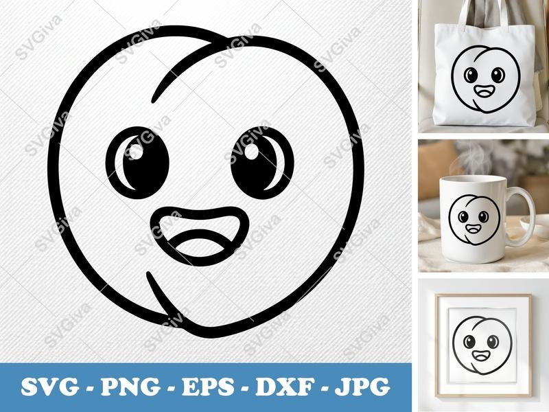 Peach SVG | Happy Cute Fruit Digital Download, Modern Kawaii Face | PNG EPS DXF for Cricut, Silhouette, Vinyl Decal