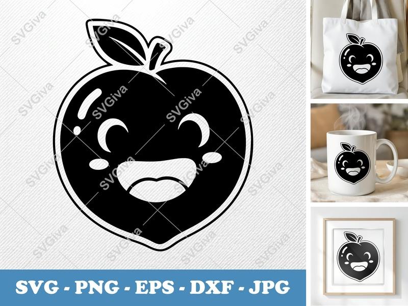 Peach SVG, Kawaii Happy Fruit Cut File, Modern Outline Design for Cricut & Silhouette | PNG EPS DXF Vector Clipart