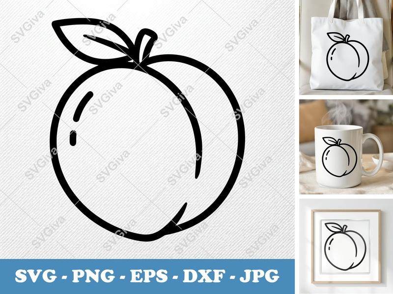 Peach SVG | Minimalist Fruit Cut File, Simple Outline, Modern Design | PNG EPS DXF for Cricut, Silhouette, Shirt, Decal