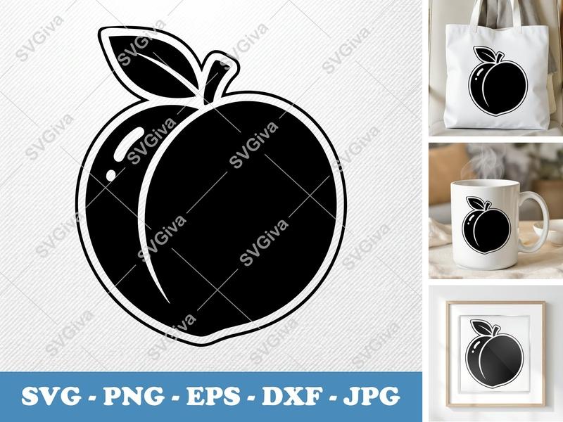 Peach SVG | Modern Fruit Clipart, Outline Design, Cut File for Cricut & Silhouette | PNG EPS DXF Vector