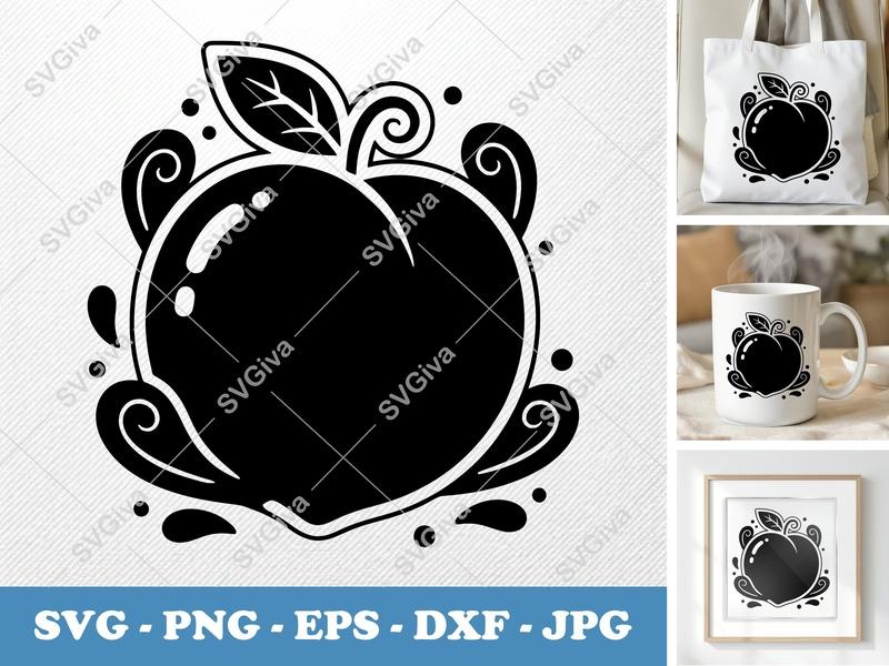 Peach SVG | Modern Fruit Design, Leaf & Swirls | PNG EPS DXF for Cricut & Silhouette | Summer Fruit Cut File