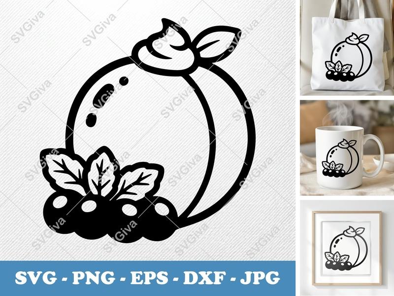 Peach SVG with Berries & Leaves | Modern Fruit Clipart | Cricut Design, Silhouette Cut File, PNG, EPS, DXF