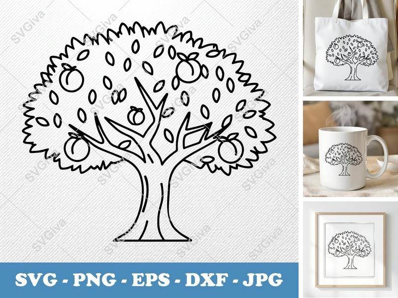 Peach Tree alone SVG double outline, simple fruit tree, nature vector, PNG DXF EPS for Cricut & Silhouette
