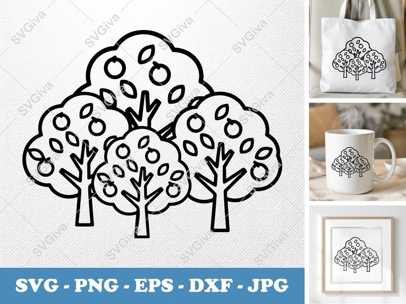 Peach Tree in a group SVG | Bold Line Art, Flat Shapes, Vintage 90s Cartoon | PNG EPS DXF for Cricut Silhouette