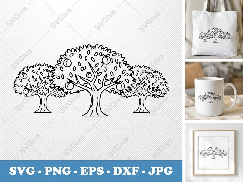 Peach Tree in a group SVG | Double Outline Trees, Peach Fruit Clipart | PNG EPS DXF for Cricut Silhouette