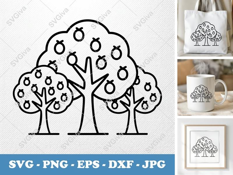 Peach Tree in a group SVG Outline Clipart | Fruit Tree Icon | Farm Garden SVG, PNG, EPS, DXF | Cricut, Silhouette Cut File