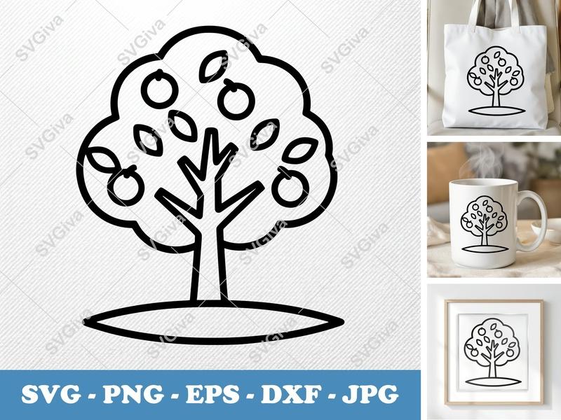 Peach Tree on a piece of land SVG | Bold Outline Fruit Tree | Cricut Silhouette Cut File | PNG EPS DXF | 90s Cartoon Style