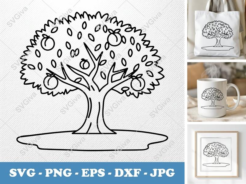 Peach Tree on a piece of land SVG | Double Outline Fruit Tree Cut File | Simple Nature Design PNG EPS DXF for Cricut Silhouette