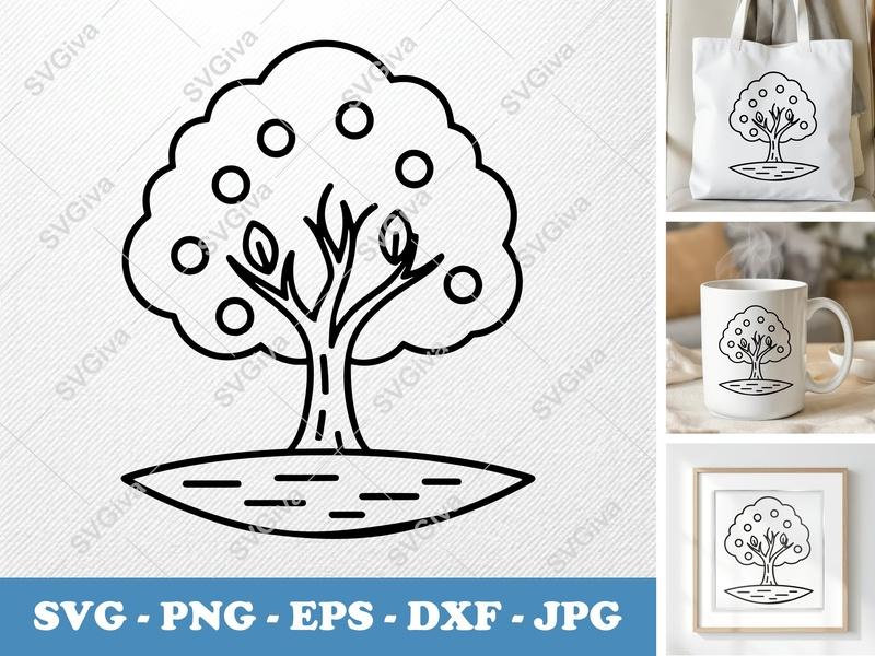 Peach Tree on a piece of land SVG | Outline Fruit Tree Clipart, Nature Vector, PNG EPS DXF for Cricut & Silhouette