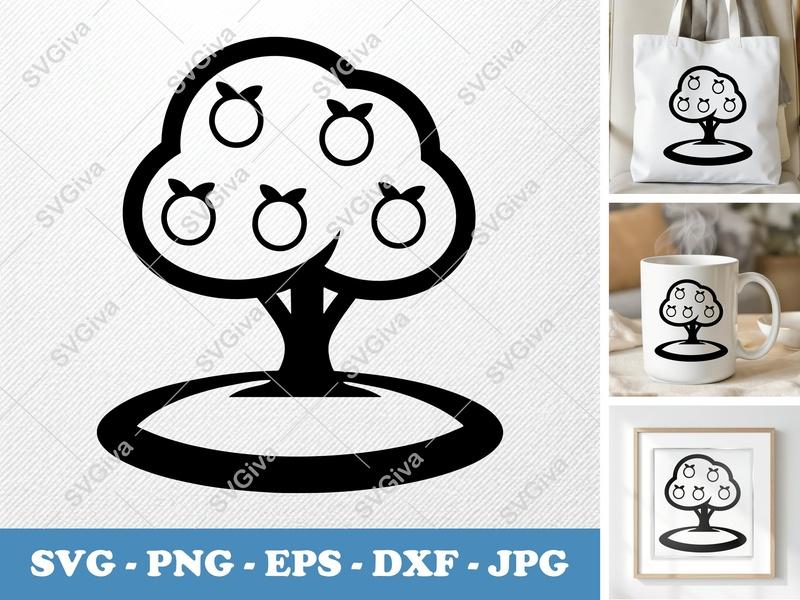 Peach Tree on a piece of land SVG | Puffy Soft Forms, Fruit Tree Outline | PNG EPS DXF for Cricut Silhouette