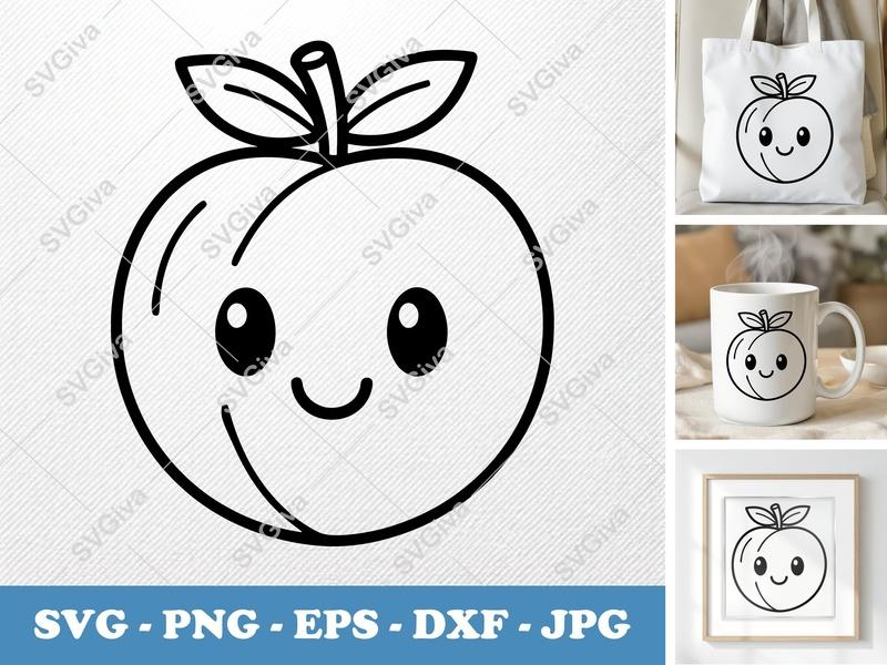 Peach with Smiling Face SVG | Friendly Rounded Cartoon Peach Cut File | PNG DXF EPS | Cricut Silhouette Vector