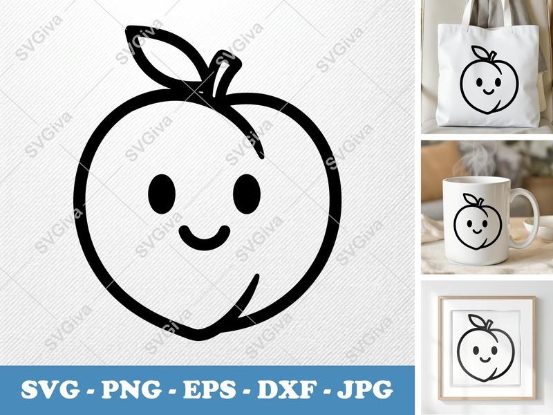 Peach with Smiling Face SVG, Minimalist Cartoon Design, PNG DXF EPS | Cricut Silhouette File