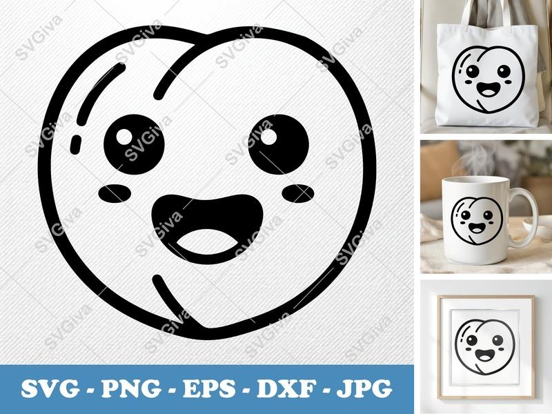 Peach with Smiling Face SVG, Puffy Shapes Vector | PNG DXF EPS Cut File for Cricut, Silhouette, Digital Download, Fruit Clipart