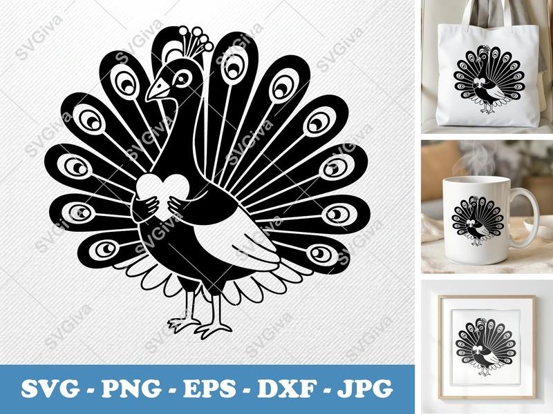 Peacock Holding Heart SVG | Bird Love Cut File PNG DXF EPS for Cricut Silhouette