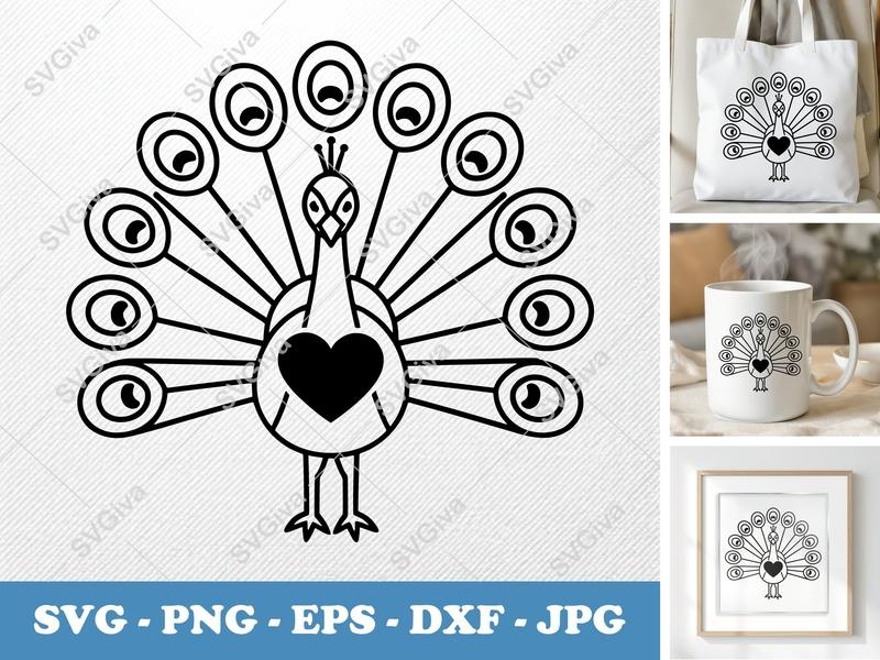 Peacock Holding Heart SVG | Minimalist Bold Black Contour | PNG DXF EPS | Cricut Silhouette Cut File