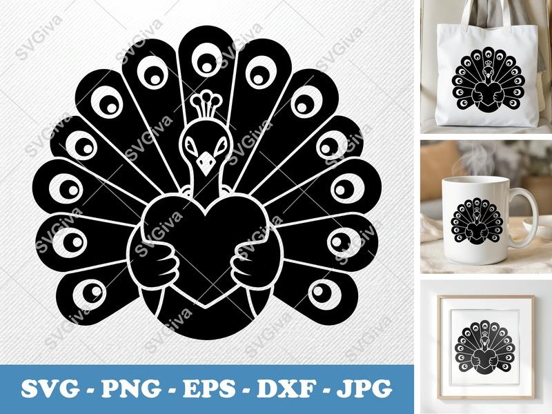Peacock Holding Heart SVG | Puffy Shapes DXF PNG EPS | Cricut Silhouette File | No Sharp Corners