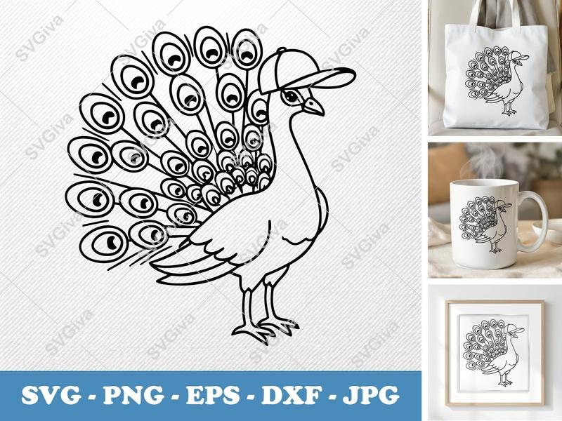 Peacock in a Cap SVG PNG DXF EPS | Cricut Silhouette Cut File