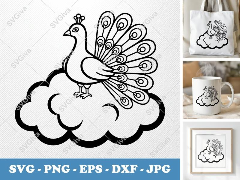 Peacock on Cloud SVG, Modern Clean Line Art, Digital Download for Cricut & Silhouette (PNG, EPS, DXF)