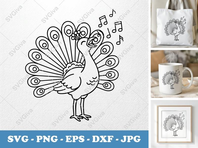 Peacock Singing SVG | Bird Music PNG DXF EPS Cut File for Cricut Silhouette Projects