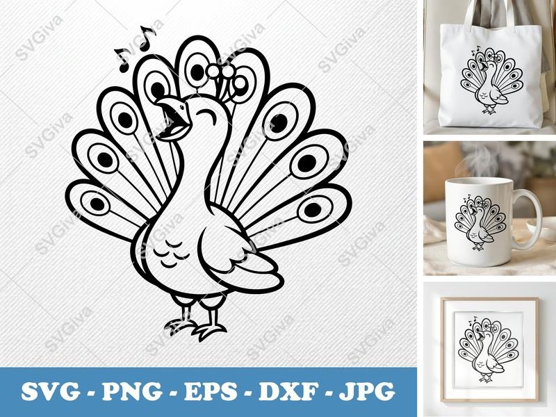Peacock Singing SVG PNG DXF EPS | Soft Puffy Bird Cut File for Cricut Silhouette Crafts