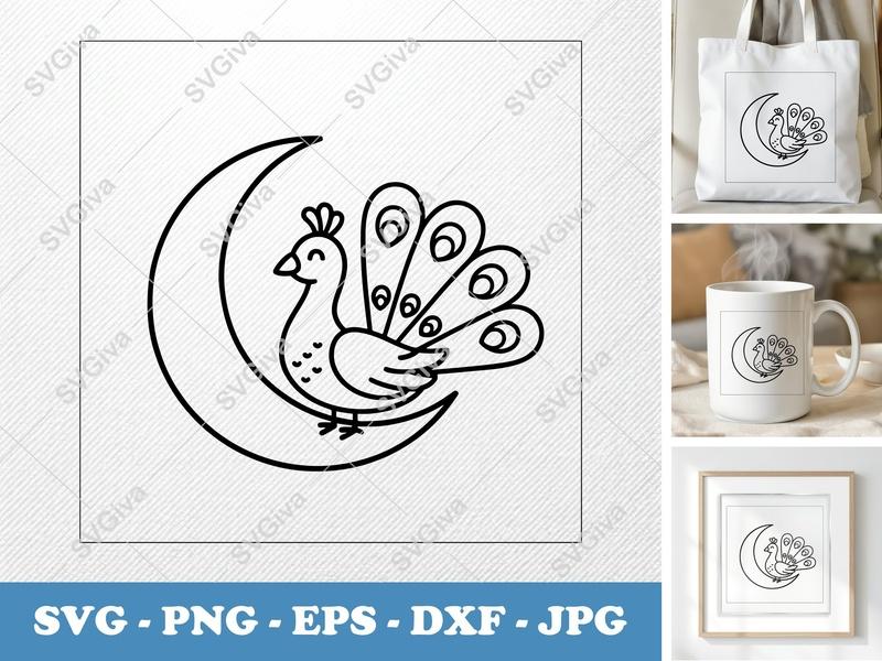 Peacock Sitting on a Moon SVG | Friendly Rounded Body Vector | Bean-Shaped Forms Cut File for Cricut Silhouette | PNG DXF EPS