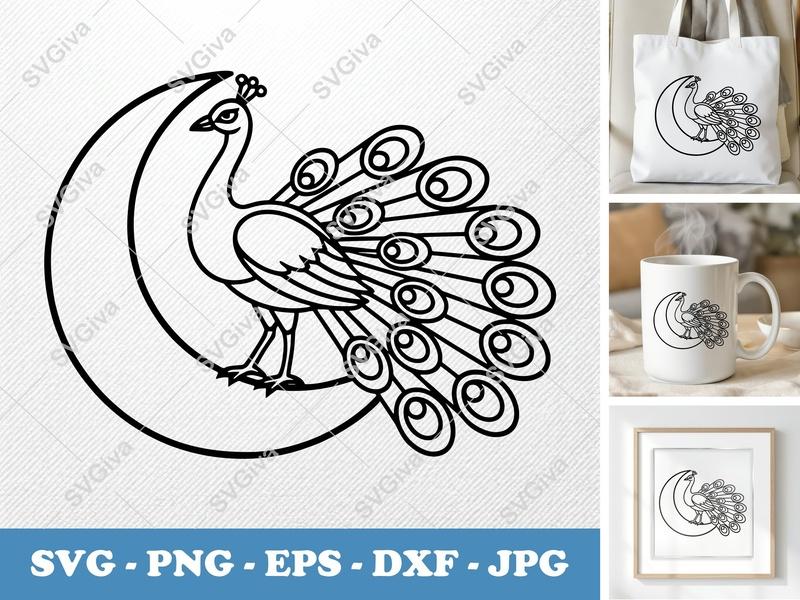 Peacock Sitting on a Moon SVG | Minimalist Bold Contour Cut File | PNG DXF EPS for Cricut Silhouette