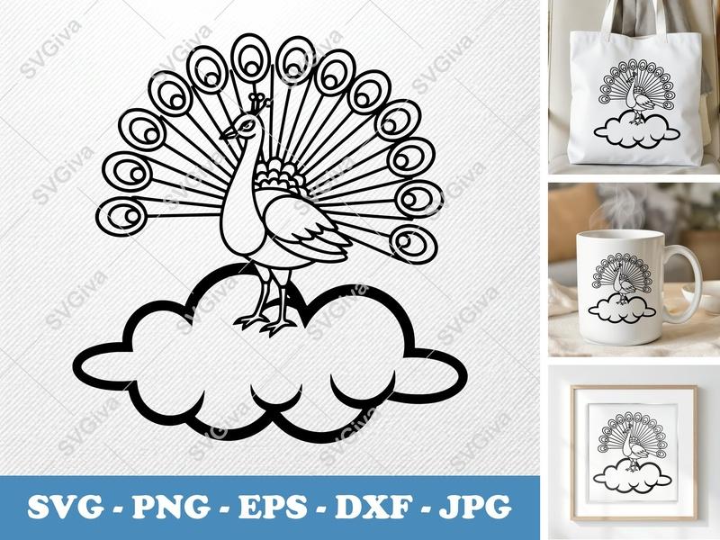 Peacock Sitting on Cloud SVG | Minimalist Contour Cut File | Bold Black Outline PNG DXF EPS for Cricut Silhouette
