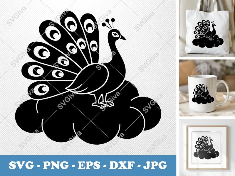 Peacock Sitting on Cloud SVG | Puffy Pillow Soft Design | PNG DXF EPS | Cricut Silhouette File