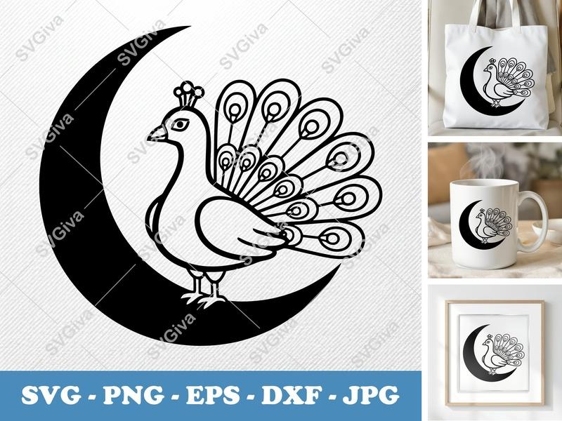 Peacock Sitting on Moon SVG | Modern Clean Design, Feathered Bird PNG EPS DXF for Cricut & Silhouette