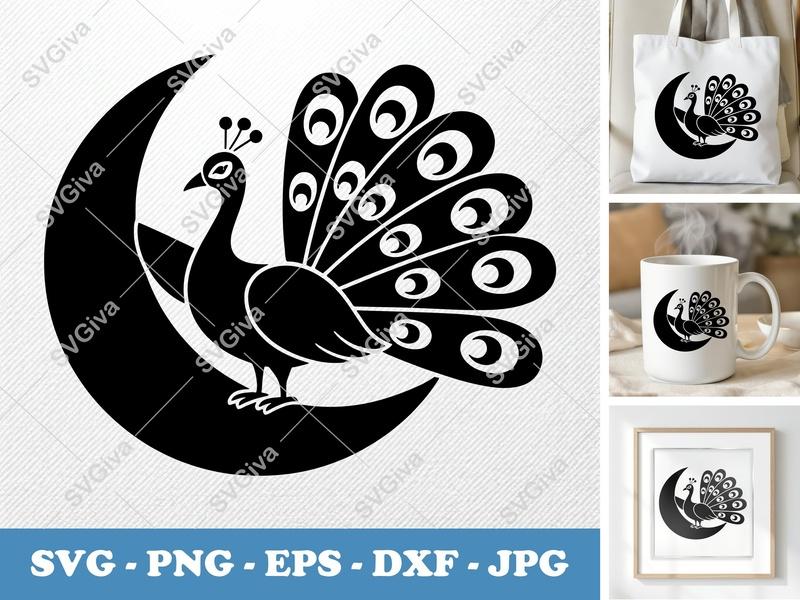Peacock Sitting on Moon SVG | Puffy Shapes, Pillow Soft Design | PNG DXF EPS | Cricut Silhouette File