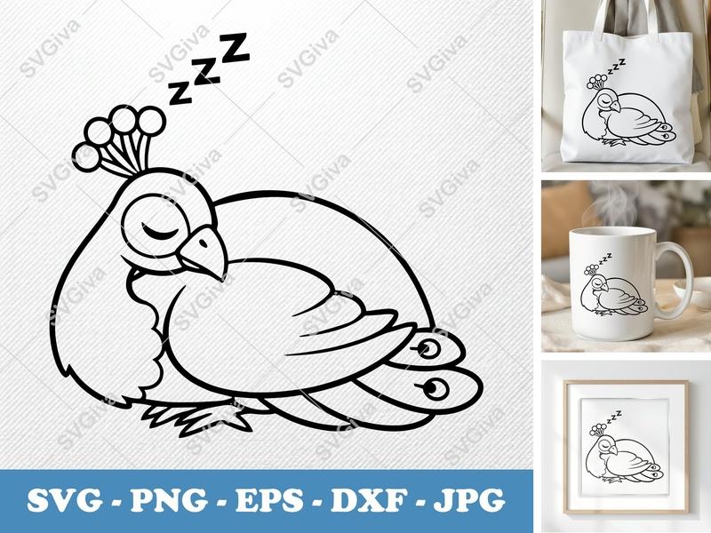 Peacock Sleeping SVG | Cute Cartoon Outline PNG EPS DXF | Zzz Peacock Cricut File | Silhouette Design | Bird Nap