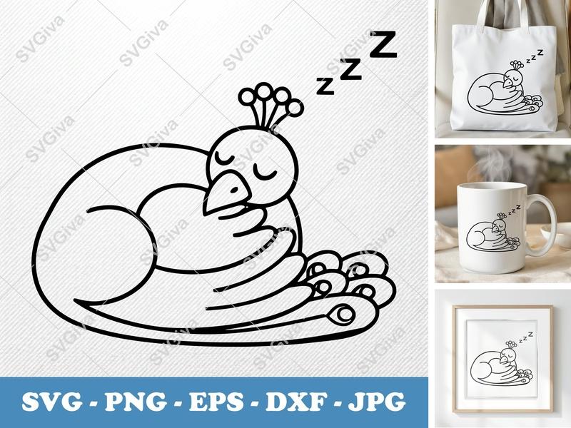 Peacock Sleeping SVG PNG DXF EPS | Cute Bird Cut File for Cricut Silhouette