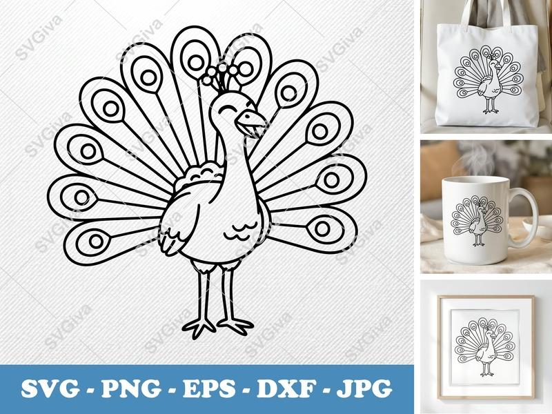 Peacock Smiling Happily SVG PNG DXF EPS | Bird Cut File Cricut Silhouette | Animal Vector Art