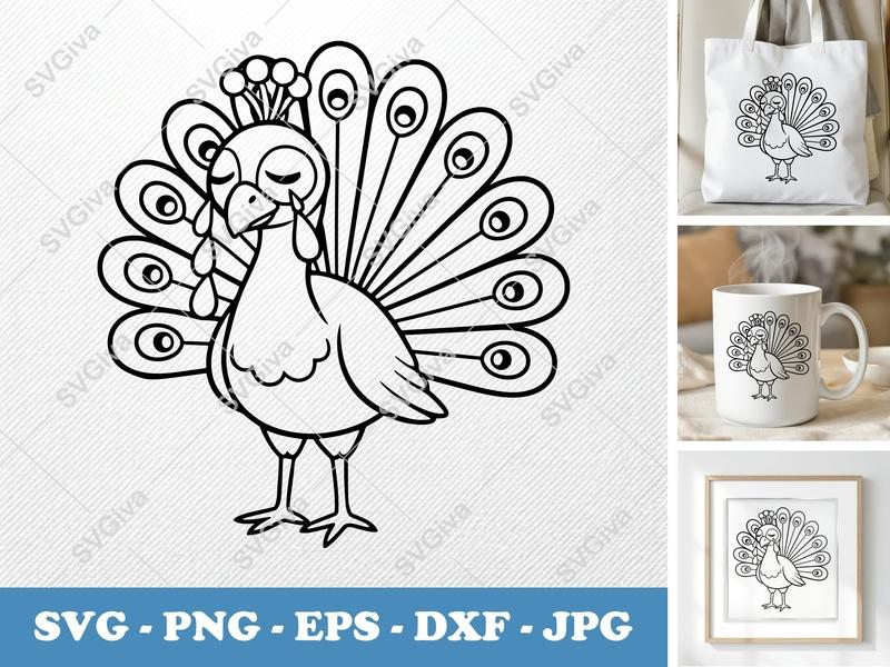 Peacock SVG | Cartoon Bird Animal Clipart | Modern Clean Line Art | PNG EPS DXF for Cricut Silhouette