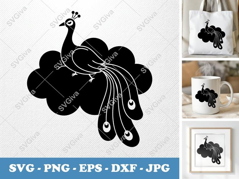 Peacock SVG Clean Design, Cloud Silhouette, Elegant Tail | PNG EPS DXF for Cricut & Silhouette